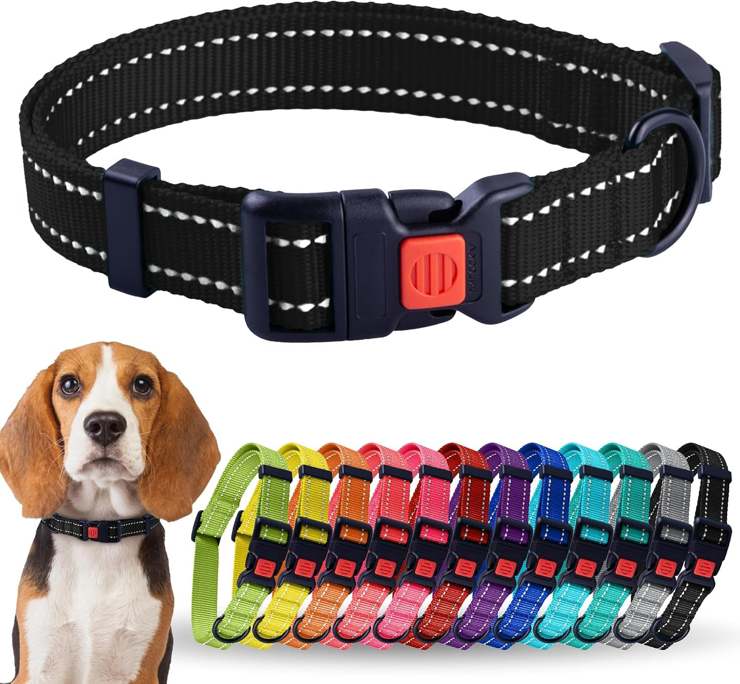 Reflective Dog Collar, Quick-Release Buckle (Black, 7-11 Inch (New)) | Reflective Nylon, Swim-Safe, Quick-Release Buckle, for Small to Large Dogs & Puppies